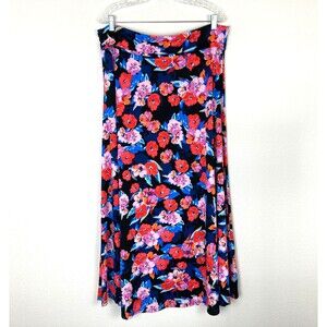 LulaRoe A-Line Maxi Skirt Size 2XL Blue Pink Floral Stretch Vacation Cruise